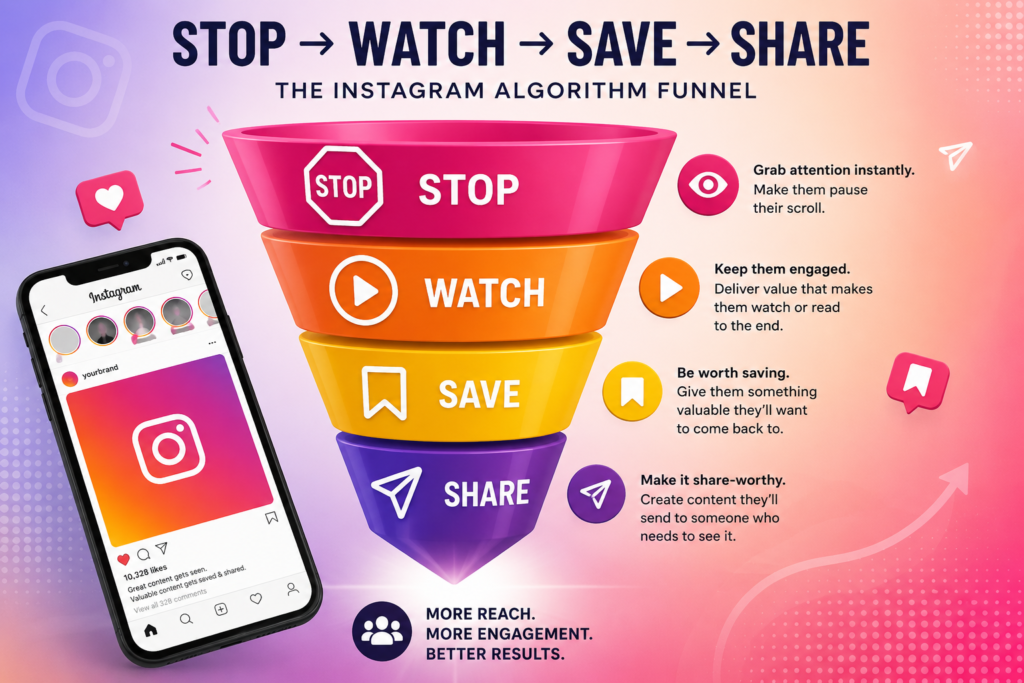 Stop Watch Save Share framework for the Instagram algorithm.